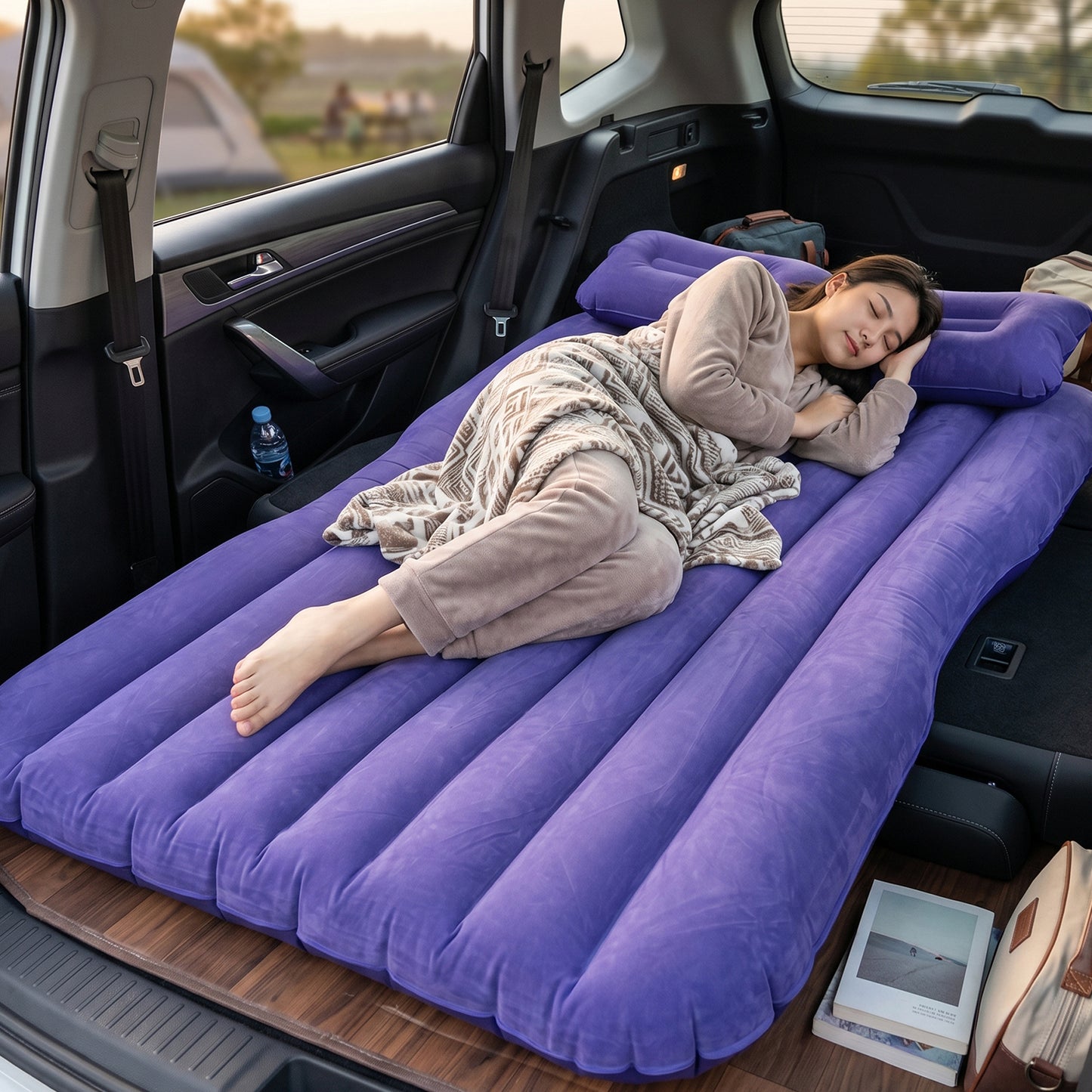 Portable Car Air Mattress Bed Set With Pump  Pillows Inflatable (Blue)