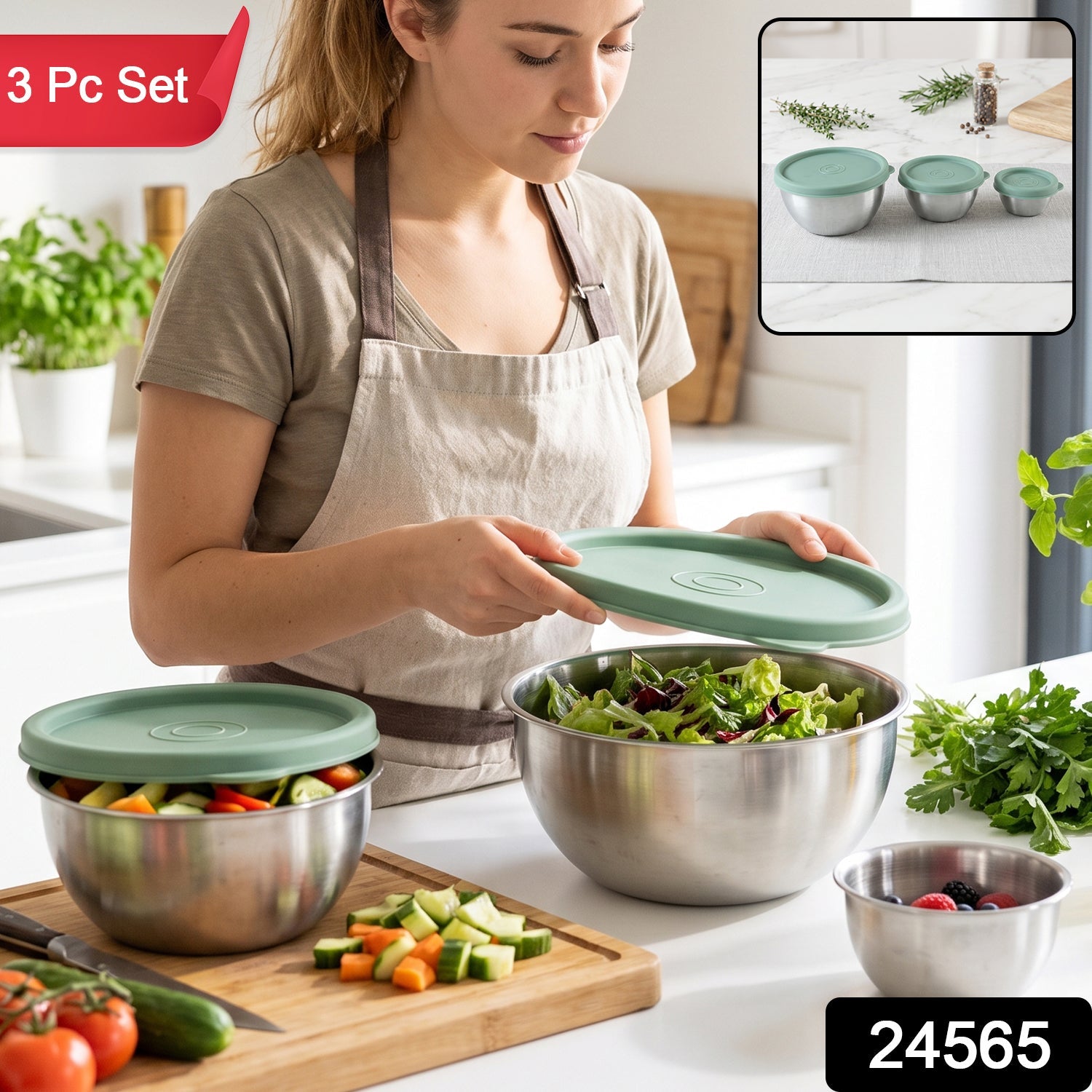 Apex Miny Steel Container Set Mixing Bowls With Lids For Kitchen (3 Pc Set)