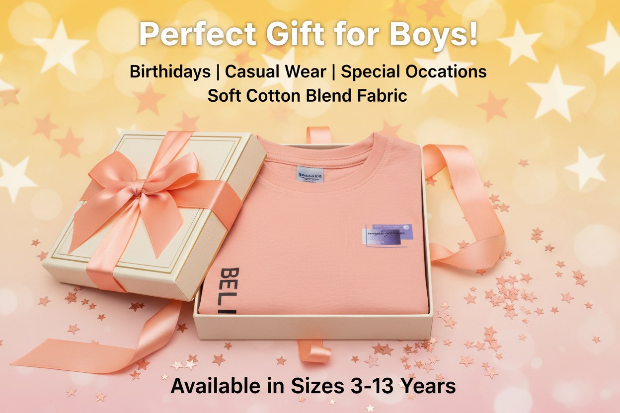 Cotton Blend Round Neck Printed T-Shirt for Boys — Peach Casual Wear (3-13 Years)