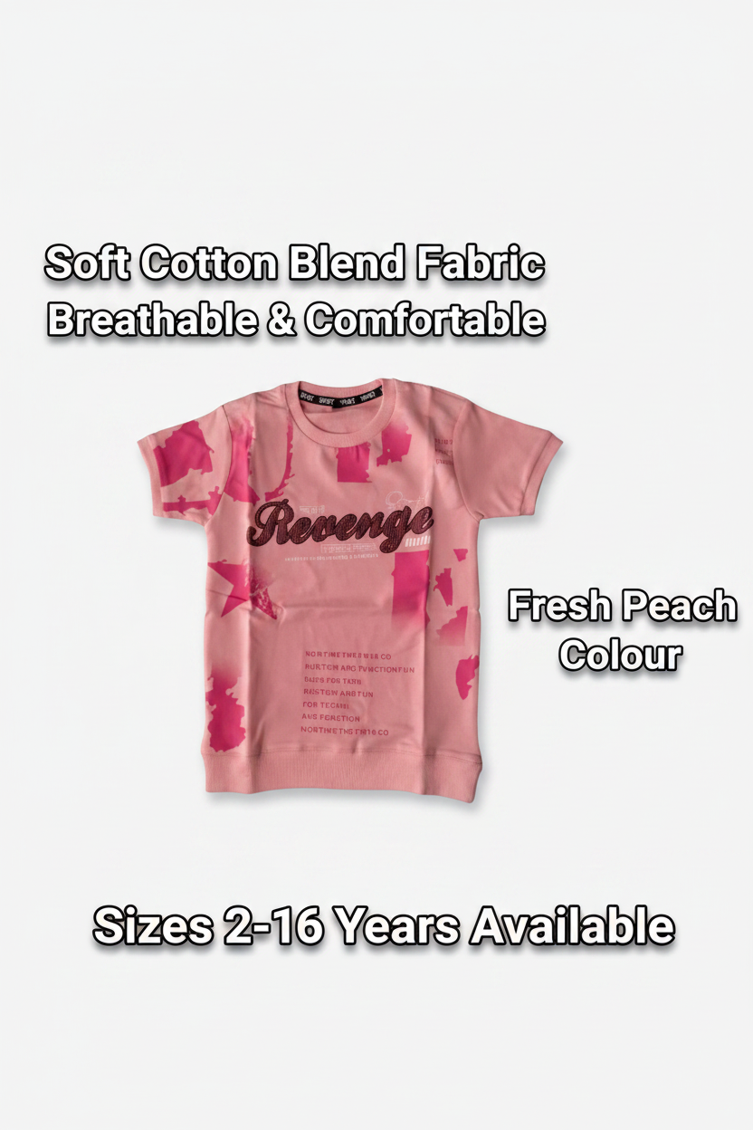 Cotton Blend Round Neck Printed T-Shirt for Boys — Peach Casual Wear (2-16 Years)