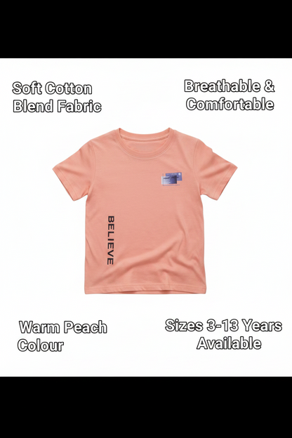 Cotton Blend Round Neck Printed T-Shirt for Boys — Peach Casual Wear (3-13 Years)