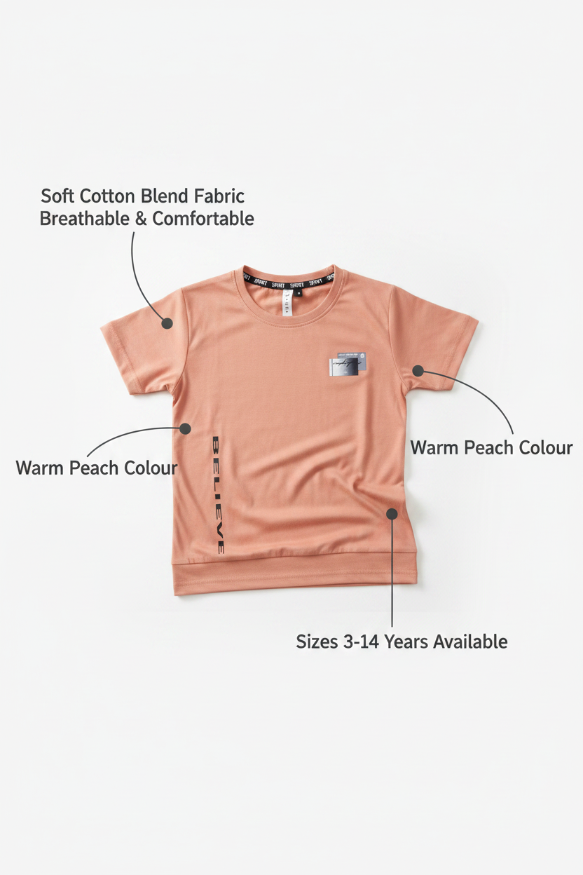 Cotton Blend Round Neck Printed T-Shirt for Boys — Peach Casual Wear (3-14 Years)