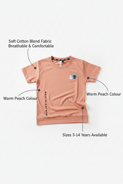 Cotton Blend Round Neck Printed T-Shirt for Boys — Peach Casual Wear (3-14 Years)