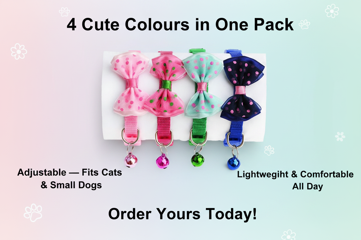 Polka Dot Bow-Tie Pet Collar with Bell — Adjustable Nylon Collar for Cats & Small Dogs | Pack of 4