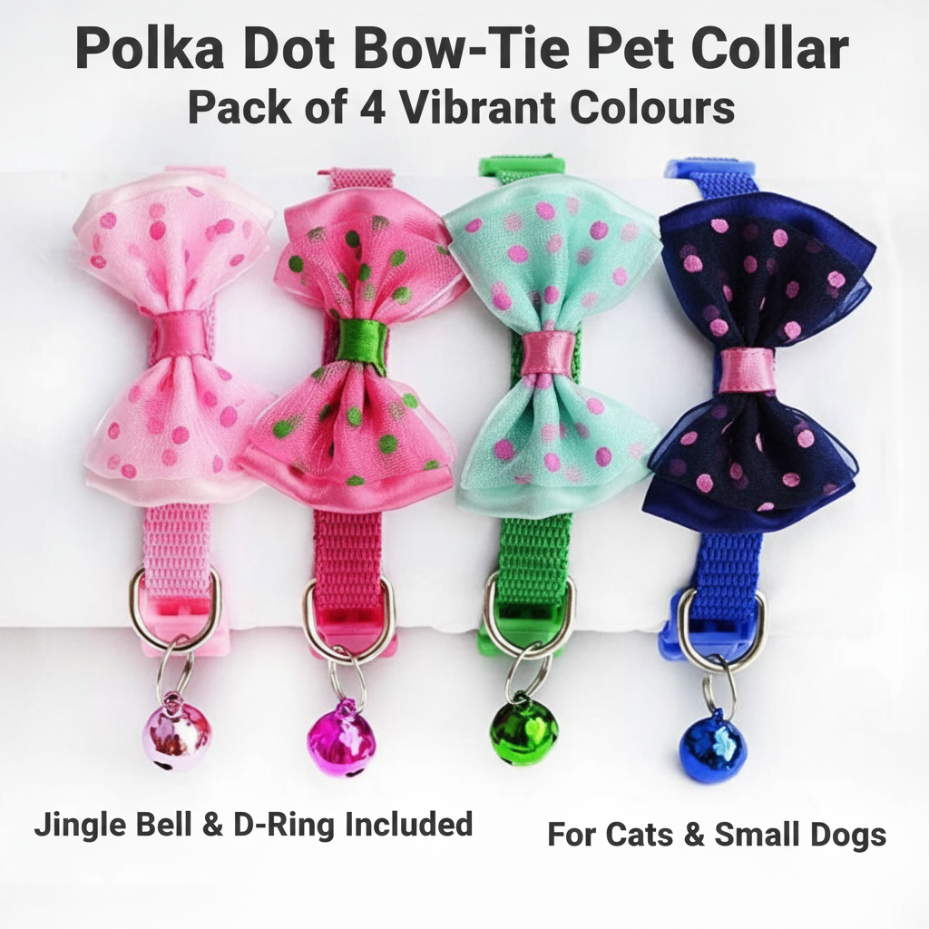 Polka Dot Bow-Tie Pet Collar with Bell — Adjustable Nylon Collar for Cats & Small Dogs | Pack of 4