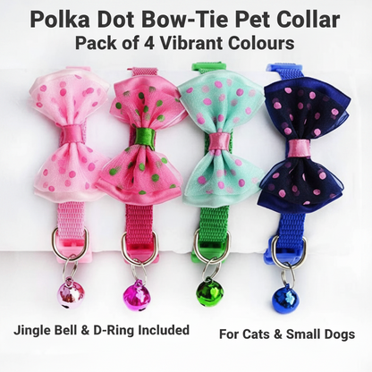 Polka Dot Bow-Tie Pet Collar with Bell — Adjustable Nylon Collar for Cats & Small Dogs | Pack of 4