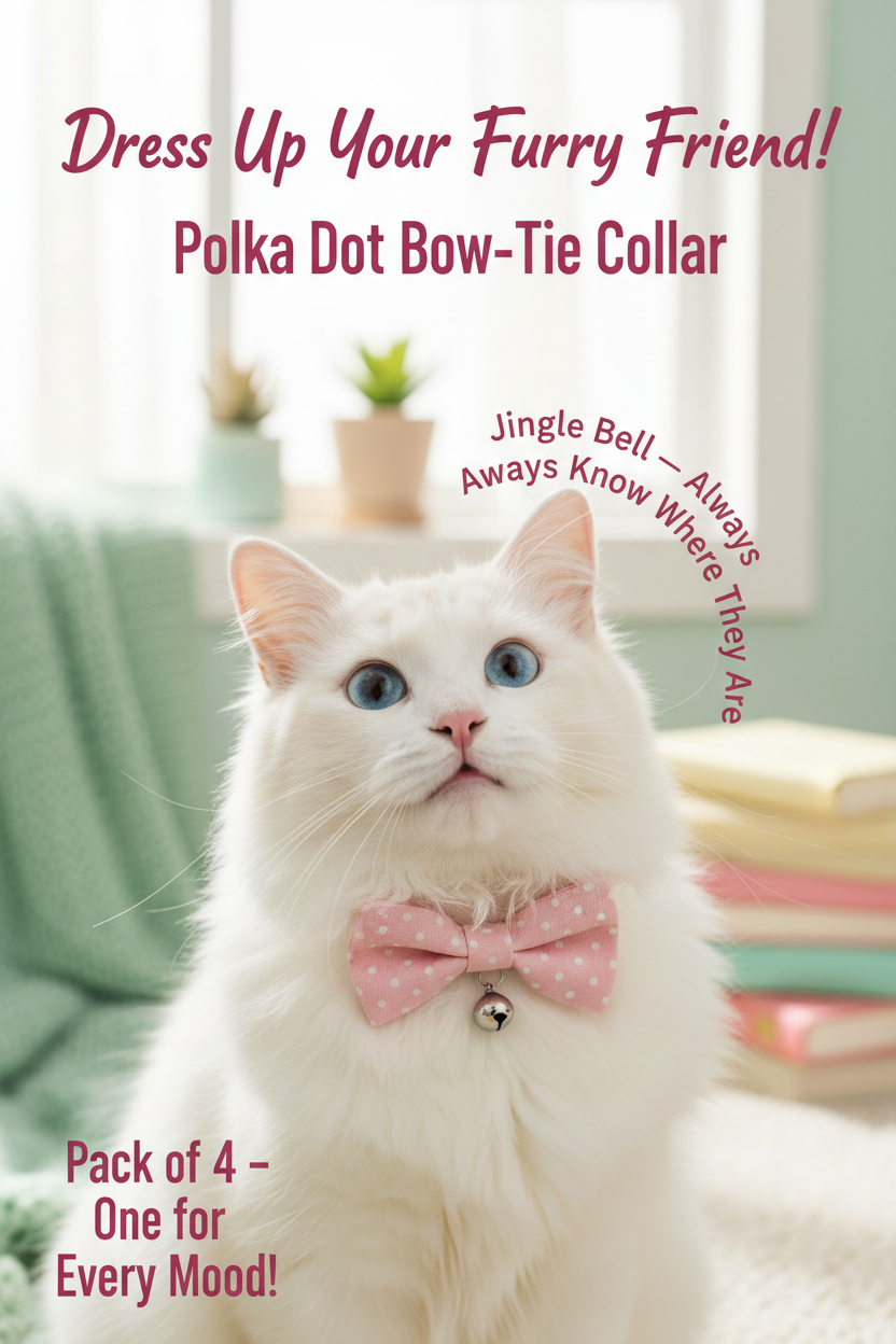 Polka Dot Bow-Tie Pet Collar with Bell — Adjustable Nylon Collar for Cats & Small Dogs | Pack of 4