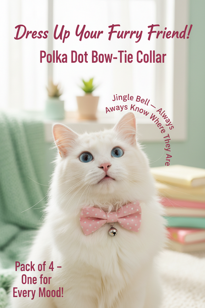 Polka Dot Bow-Tie Pet Collar with Bell — Adjustable Nylon Collar for Cats & Small Dogs | Pack of 4