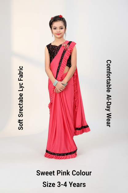 Lycra Solid Saree for Girls — Pink Ethnic Wear (3-4 Years)