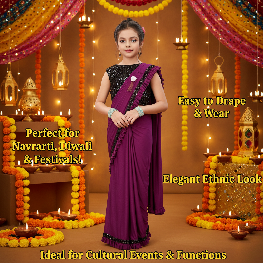 Lycra Solid Saree for Girls — Purple Ethnic Wear (3-4 Years)