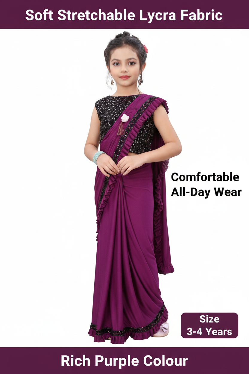Lycra Solid Saree for Girls — Purple Ethnic Wear (3-4 Years)