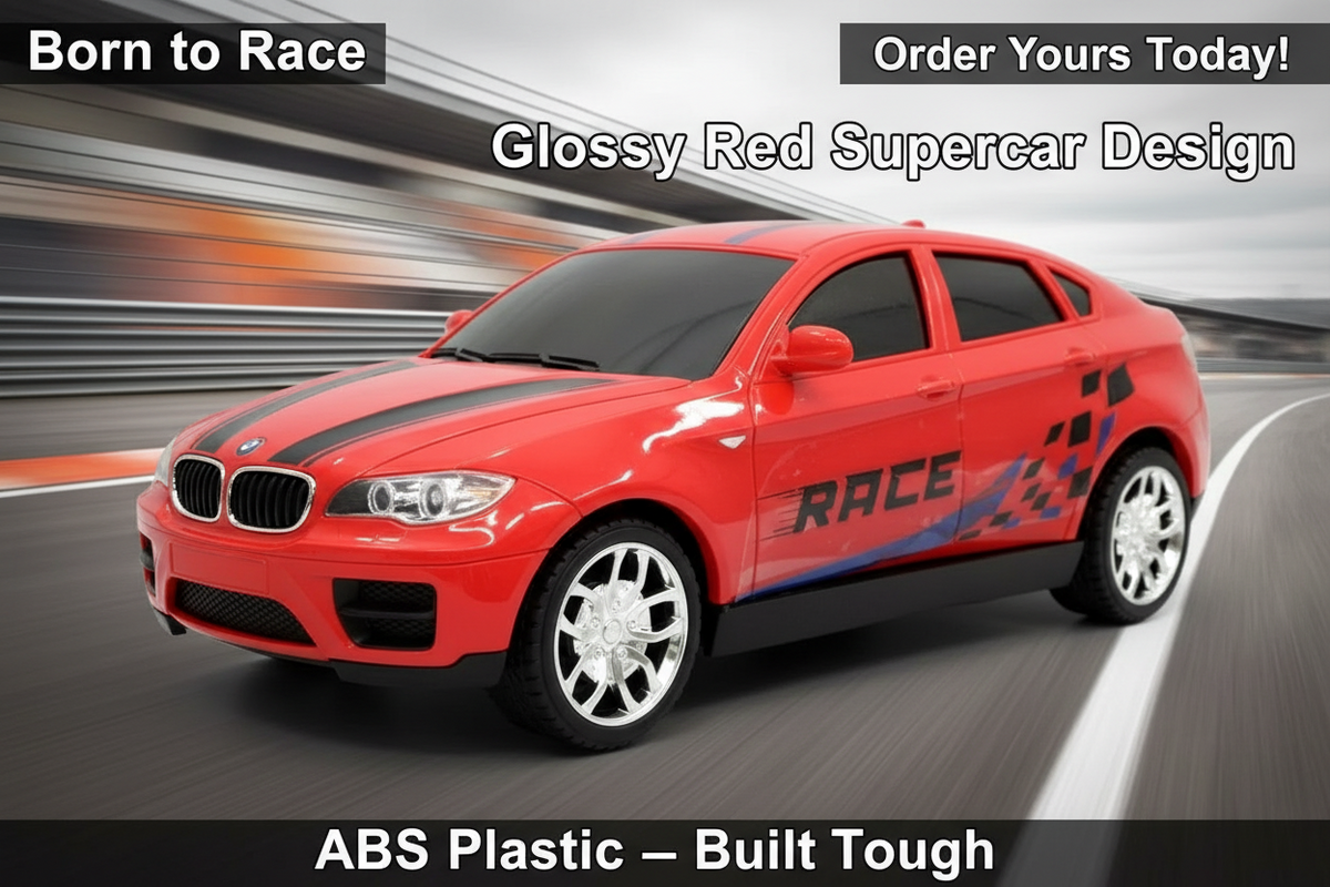 Red Race Car Toy for Kids — ABS Plastic Supercar with Race Graphics & Chrome Wheels