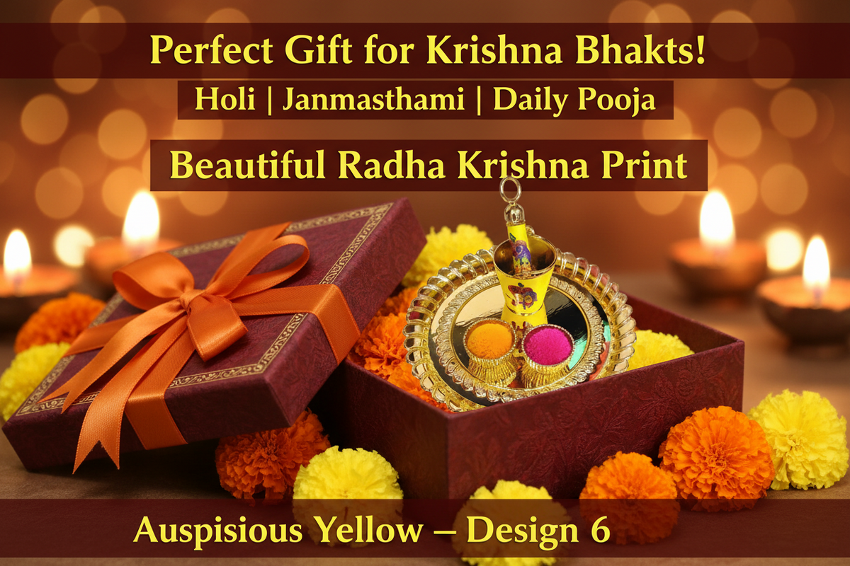 Radha Krishna Printed Bucket Pichkari for Laddu Gopal Holi — Acrylic Small Balti Pichkari Yellow (Plate Diameter 5 Inch, Design 6)