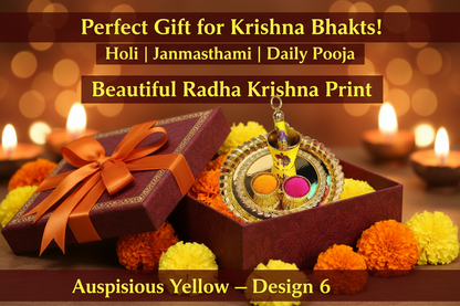 Radha Krishna Printed Bucket Pichkari for Laddu Gopal Holi — Acrylic Small Balti Pichkari Yellow (Plate Diameter 5 Inch, Design 6)