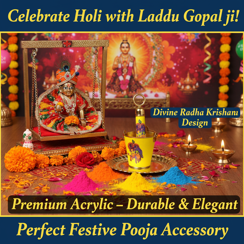 Radha Krishna Printed Bucket Pichkari for Laddu Gopal Holi — Acrylic Small Balti Pichkari Yellow (Plate Diameter 5 Inch, Design 6)
