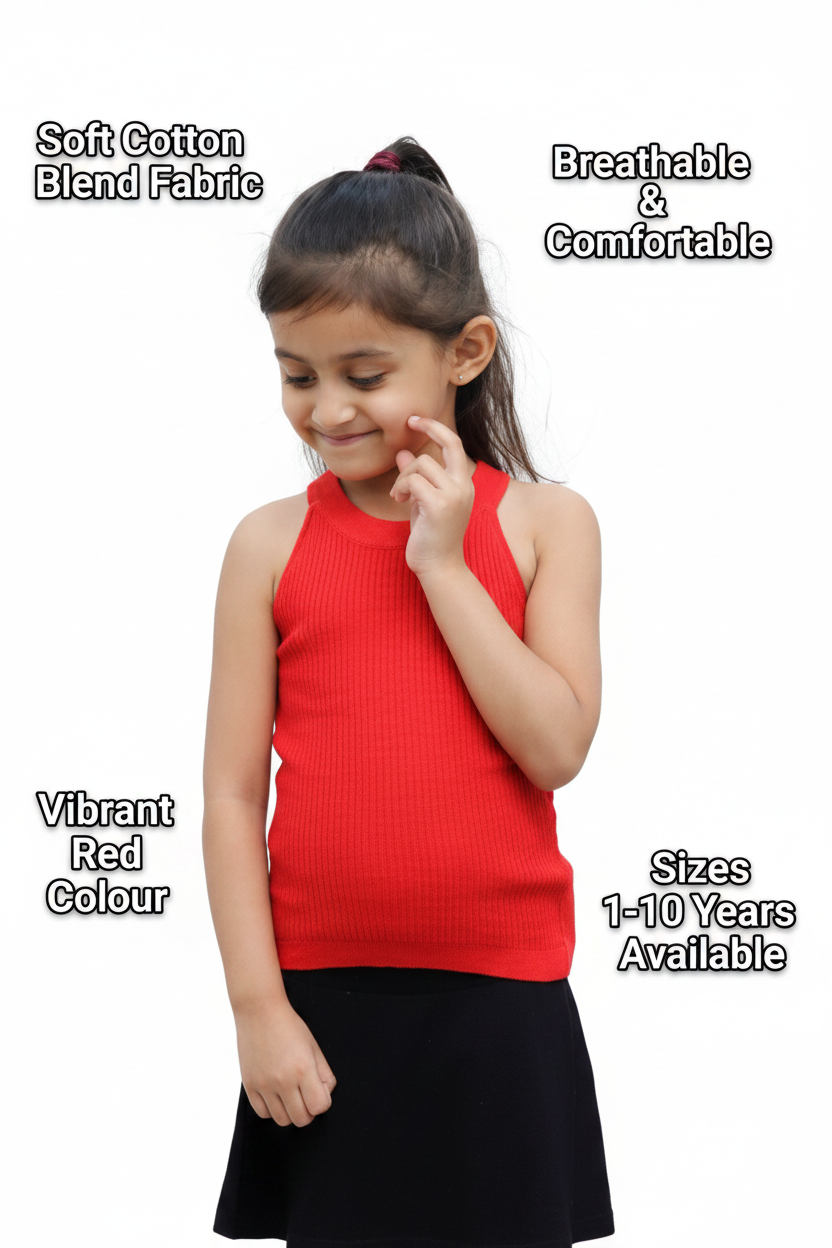 Cotton Blend Solid Top for Girls — Red Casual Wear (1-10 Years)
