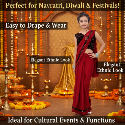 Lycra Solid Saree for Girls — Red Ethnic Wear (3-4 Years)