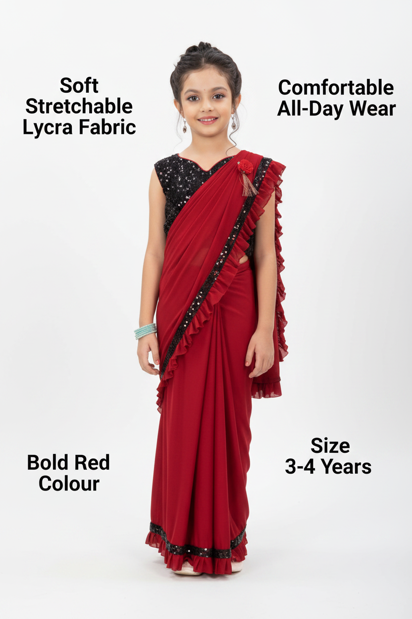 Lycra Solid Saree for Girls — Red Ethnic Wear (3-4 Years)