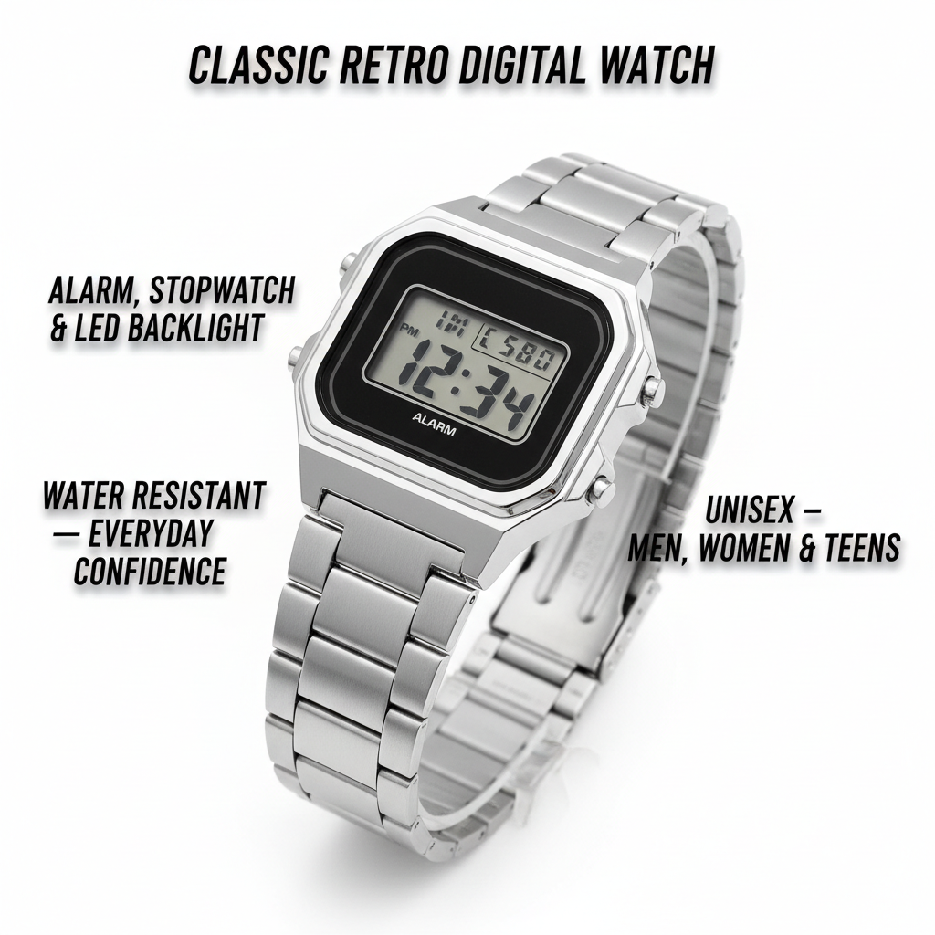 Classic Retro Digital Watch — Unisex Silver Stainless Steel with Alarm, Stopwatch & LED Backlight