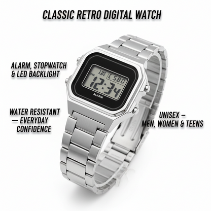 Classic Retro Digital Watch — Unisex Silver Stainless Steel with Alarm, Stopwatch & LED Backlight