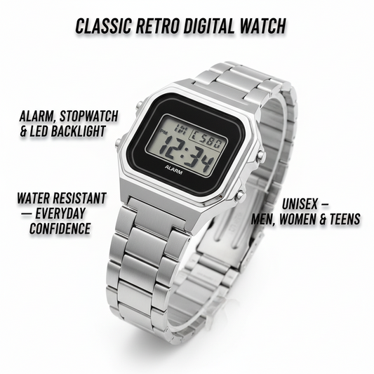 Classic Retro Digital Watch — Unisex Silver Stainless Steel with Alarm, Stopwatch & LED Backlight