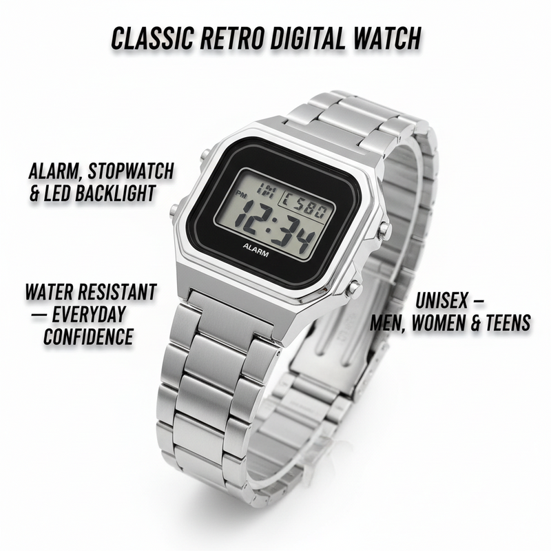 Classic Retro Digital Watch — Unisex Silver Stainless Steel with Alarm, Stopwatch & LED Backlight
