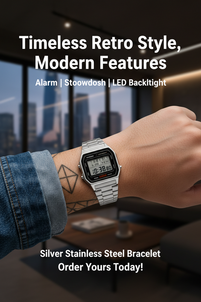 Classic Retro Digital Watch — Unisex Silver Stainless Steel with Alarm, Stopwatch & LED Backlight