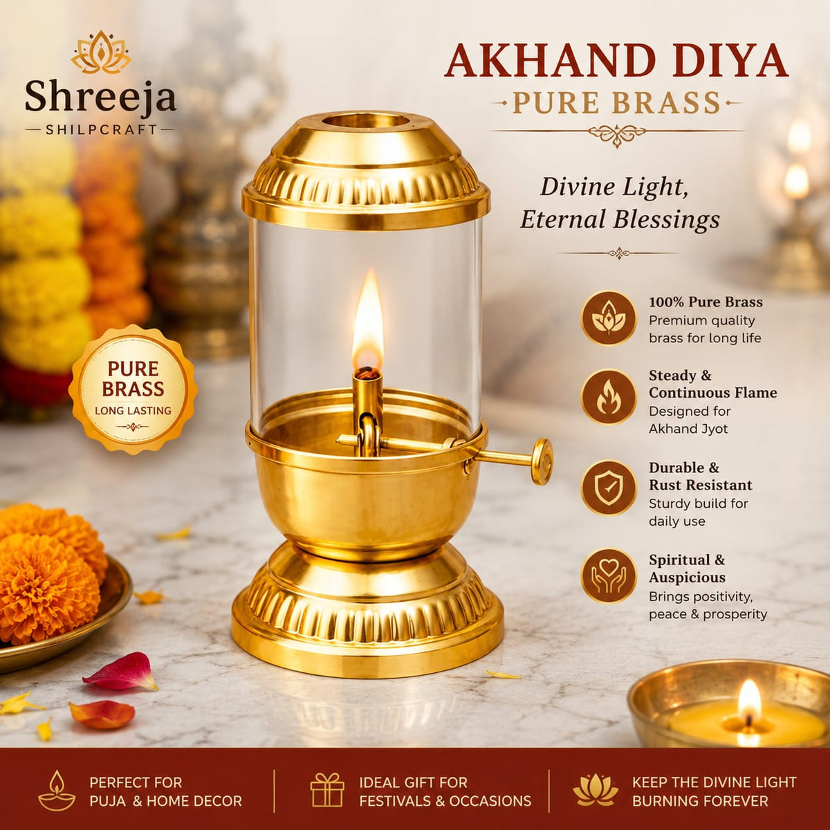 Premium Pure Brass Akhand Diya with Glass Cover for Pooja, Aarti & Home Temple