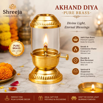 Premium Pure Brass Akhand Diya with Glass Cover for Pooja, Aarti & Home Temple