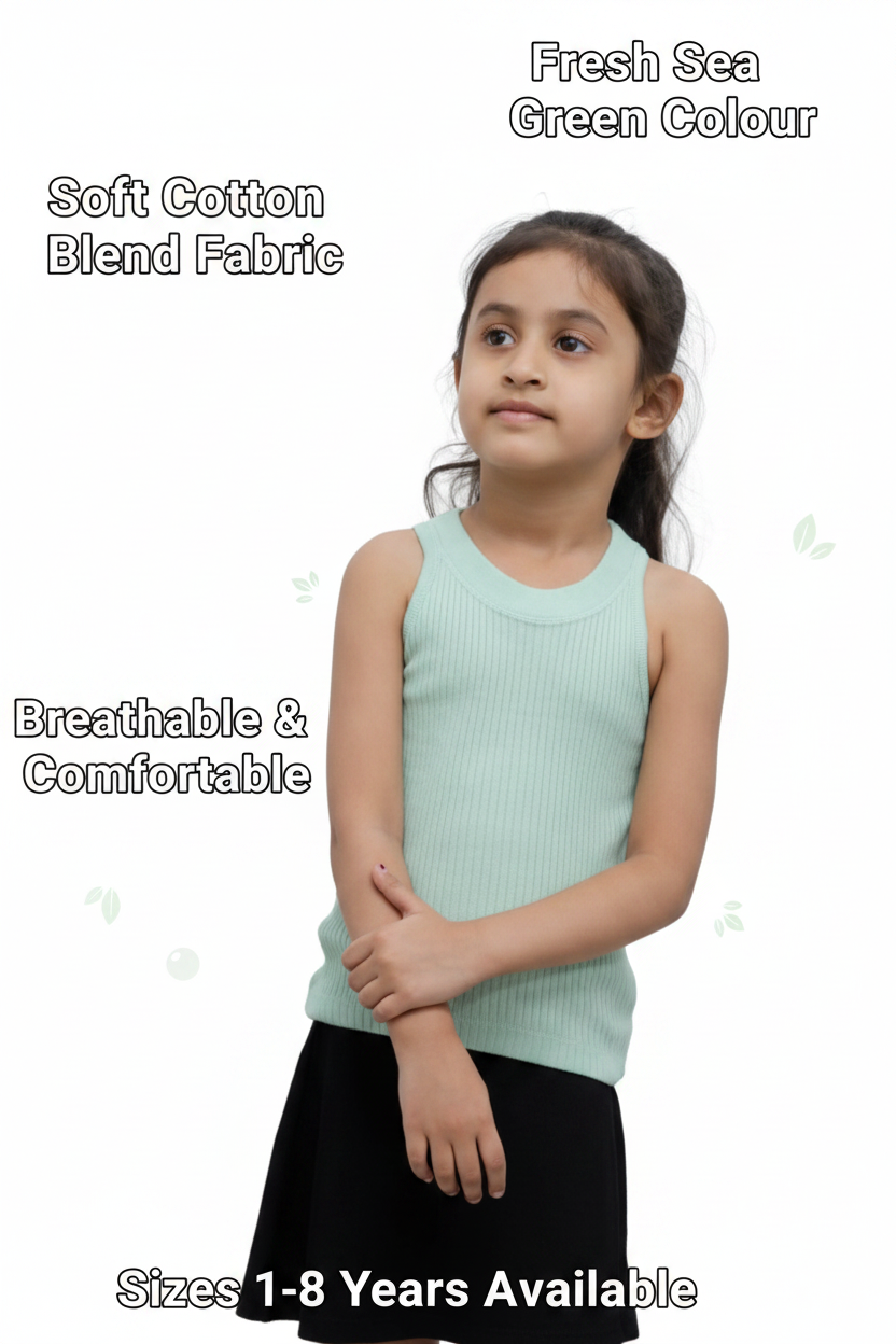 Cotton Blend Solid Top for Girls — Sea Green Casual Wear for Kids (1-8 Years)