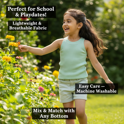Cotton Blend Solid Top for Girls — Sea Green Casual Wear for Kids (1-8 Years)