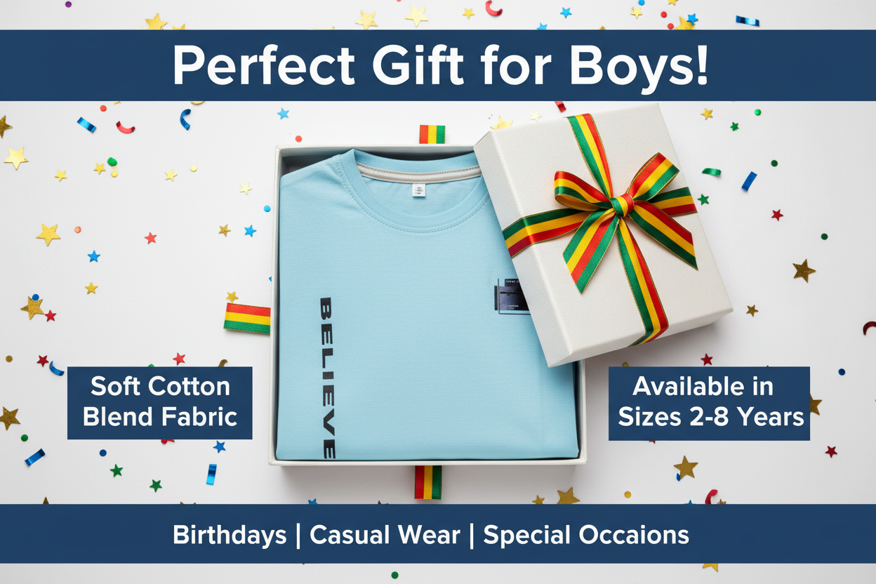 Cotton Blend Round Neck Printed T-Shirt for Boys — Sky Blue Casual Wear (2-8 Years)