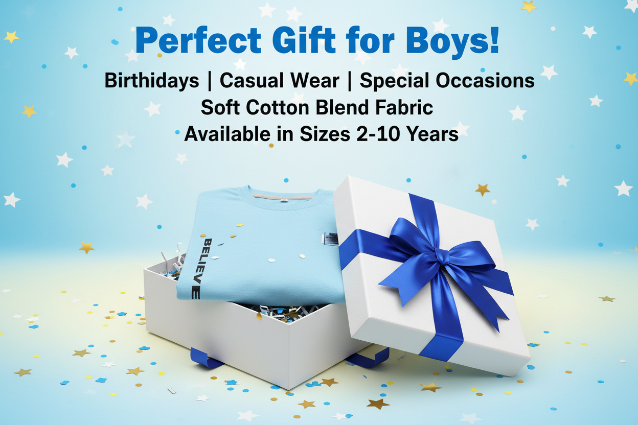 Cotton Blend Round Neck Printed T-Shirt for Boys — Sky Blue Casual Wear (2-10 Years)