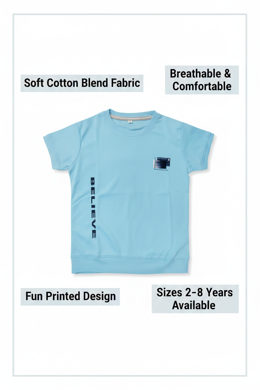 Cotton Blend Round Neck Printed T-Shirt for Boys — Sky Blue Casual Wear (2-8 Years)