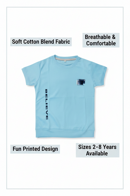 Cotton Blend Round Neck Printed T-Shirt for Boys — Sky Blue Casual Wear (2-8 Years)