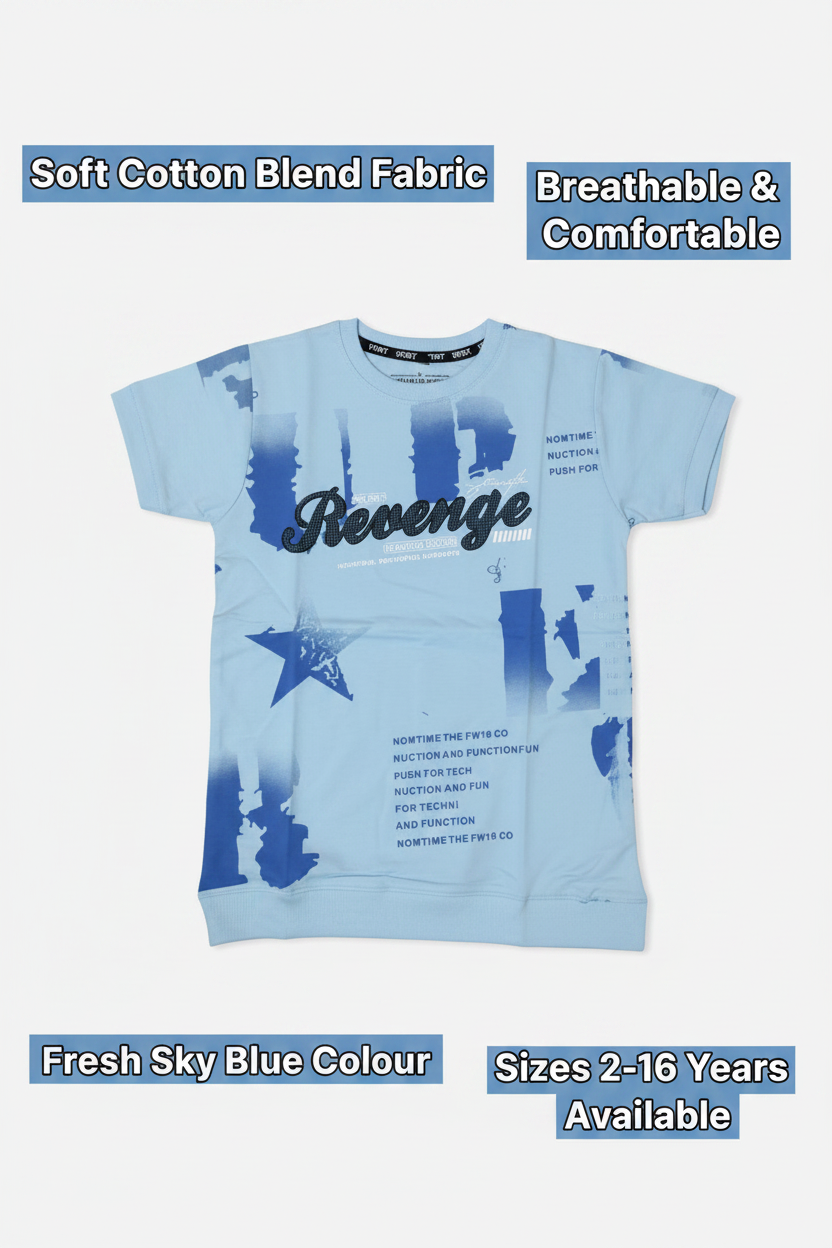Cotton Blend Round Neck Printed T-Shirt for Boys — Sky Blue Casual Wear (2-16 Years)