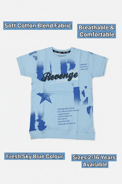 Cotton Blend Round Neck Printed T-Shirt for Boys — Sky Blue Casual Wear (2-16 Years)