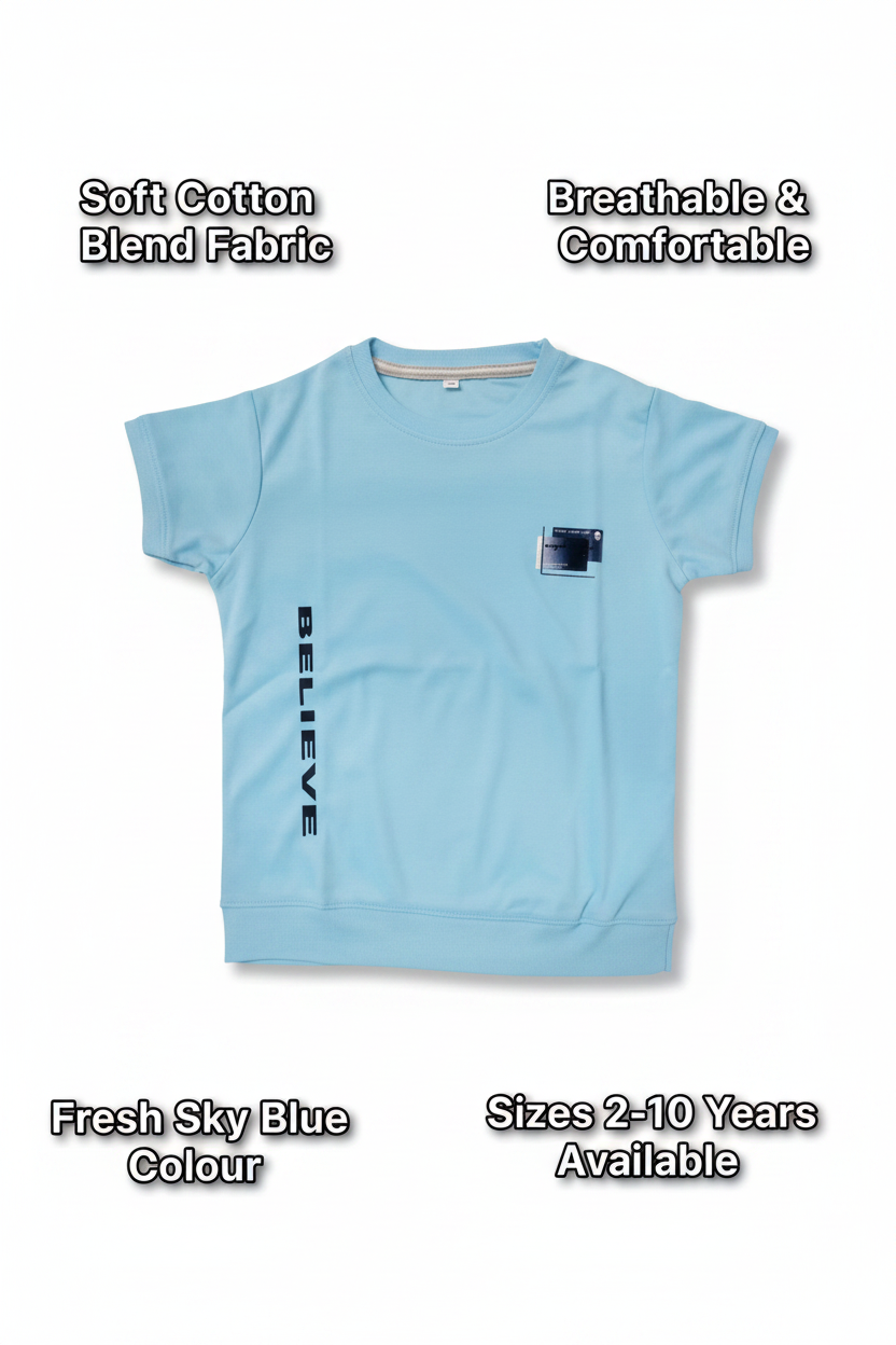 Cotton Blend Round Neck Printed T-Shirt for Boys — Sky Blue Casual Wear (2-10 Years)