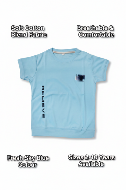 Cotton Blend Round Neck Printed T-Shirt for Boys — Sky Blue Casual Wear (2-10 Years)