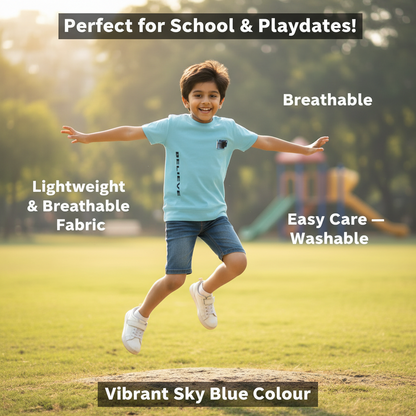 Cotton Blend Round Neck Printed T-Shirt for Boys — Sky Blue Casual Wear (2-8 Years)