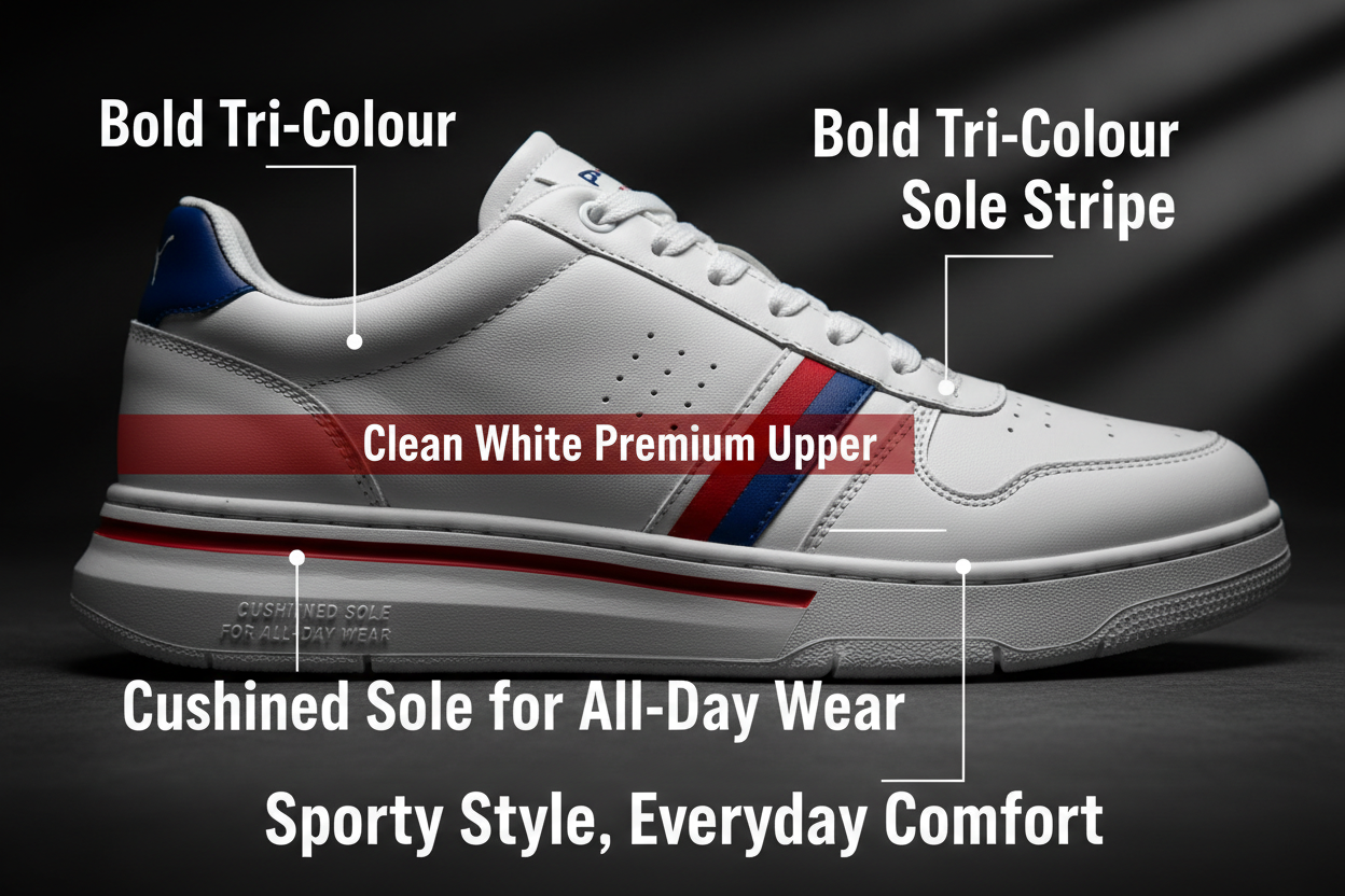 Motorsport-Inspired White Sneakers for Men — Lightweight Lace-Up Sports Shoes with Tri-Colour Sole Stripe