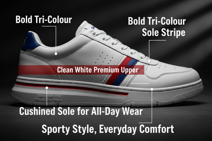 Motorsport-Inspired White Sneakers for Men — Lightweight Lace-Up Sports Shoes with Tri-Colour Sole Stripe