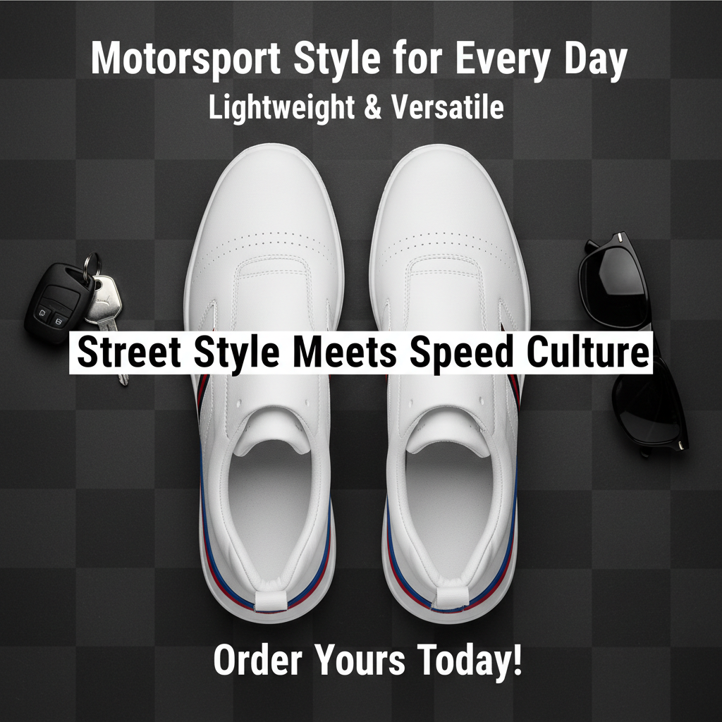 Motorsport-Inspired White Sneakers for Men — Lightweight Lace-Up Sports Shoes with Tri-Colour Sole Stripe
