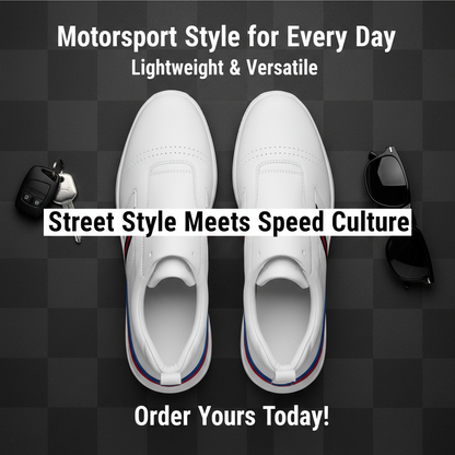 Motorsport-Inspired White Sneakers for Men — Lightweight Lace-Up Sports Shoes with Tri-Colour Sole Stripe