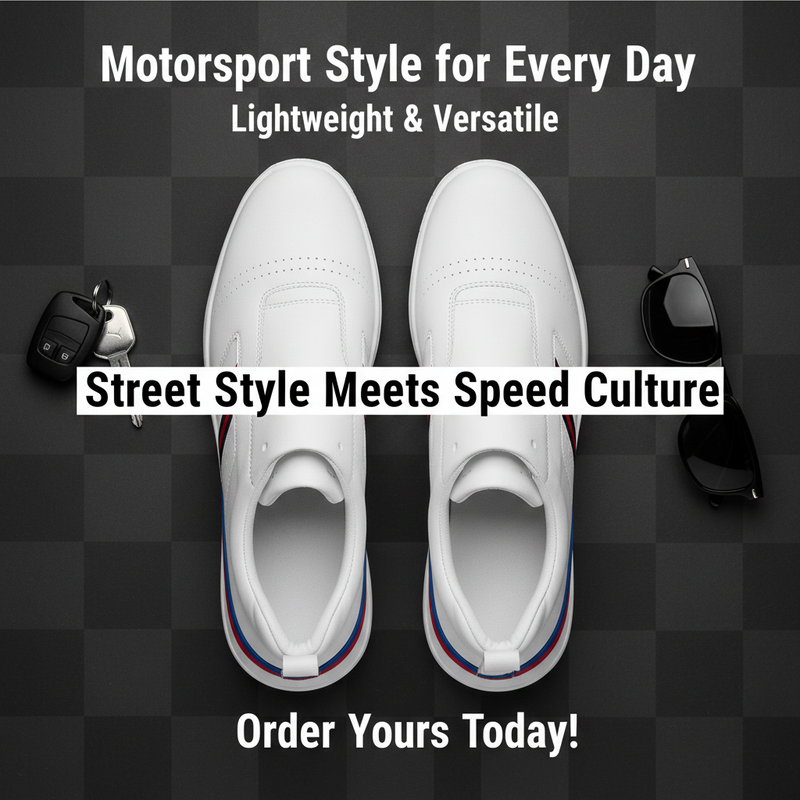 Motorsport-Inspired White Sneakers for Men — Lightweight Lace-Up Sports Shoes with Tri-Colour Sole Stripe