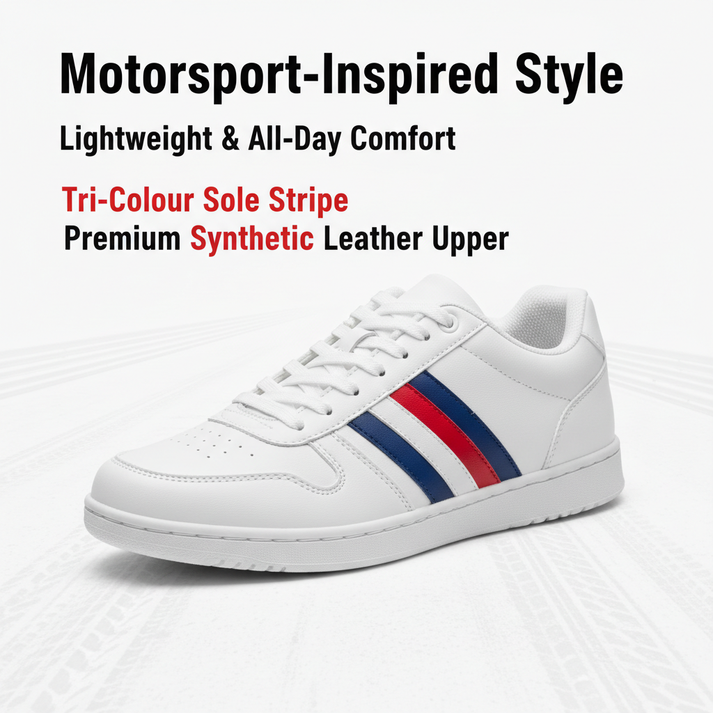 Motorsport-Inspired White Sneakers for Men — Lightweight Lace-Up Sports Shoes with Tri-Colour Sole Stripe