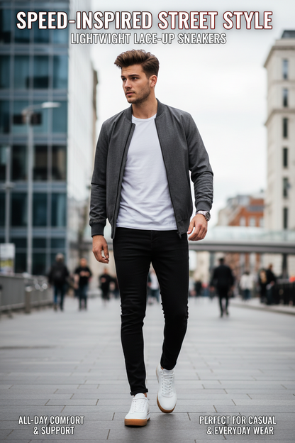 Motorsport-Inspired White Sneakers for Men — Lightweight Lace-Up Sports Shoes with Tri-Colour Sole Stripe