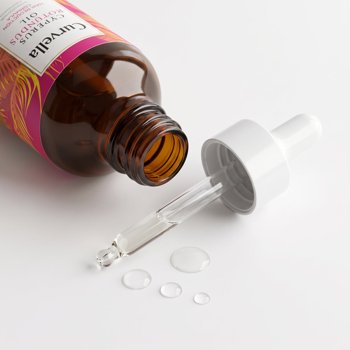 detail: A new photorealistic photograph composed from scratch. The top part of the product, including its dropper, is prominently displayed, with a few small, clear drops of oil resting on the pure-white surface beneath it. The product and oil are positioned towards the upper-left third of the frame, filling about 70% of the frame. The setting is a seamless pure-white sweep (RGB 255,255,255) that dissolves smoothly into the background. Lighting consists of broad soft wraparound diffusion from slightly abov…