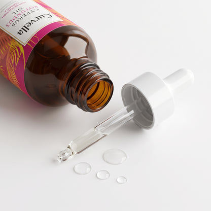 detail: A new photorealistic photograph composed from scratch. The top part of the product, including its dropper, is prominently displayed, with a few small, clear drops of oil resting on the pure-white surface beneath it. The product and oil are positioned towards the upper-left third of the frame, filling about 70% of the frame. The setting is a seamless pure-white sweep (RGB 255,255,255) that dissolves smoothly into the background. Lighting consists of broad soft wraparound diffusion from slightly abov…