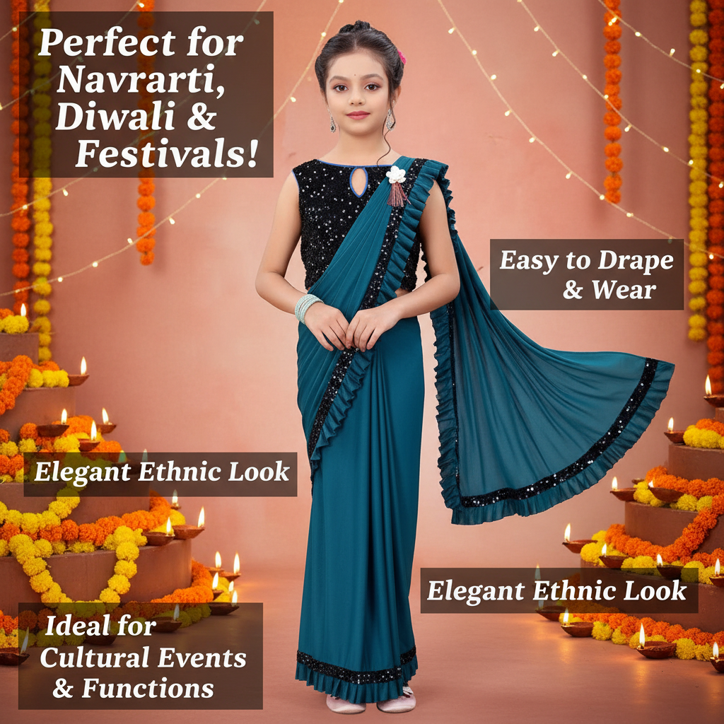 Lycra Solid Saree for Girls — Teal Ethnic Wear (3-4 Years)